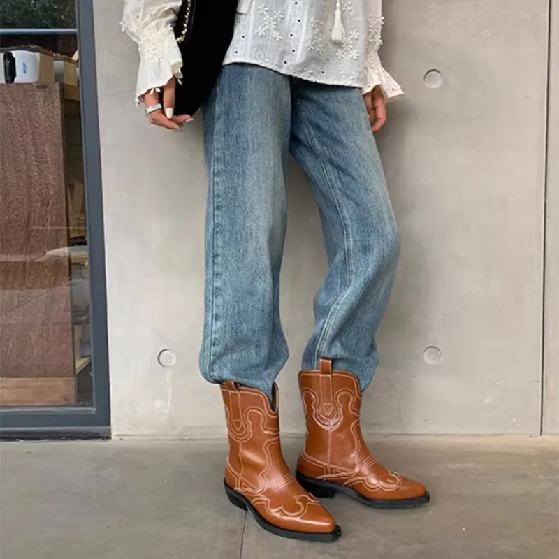 Womens Contrasting Embroidery Western Boots Leather Cowboy Boots Short Boots