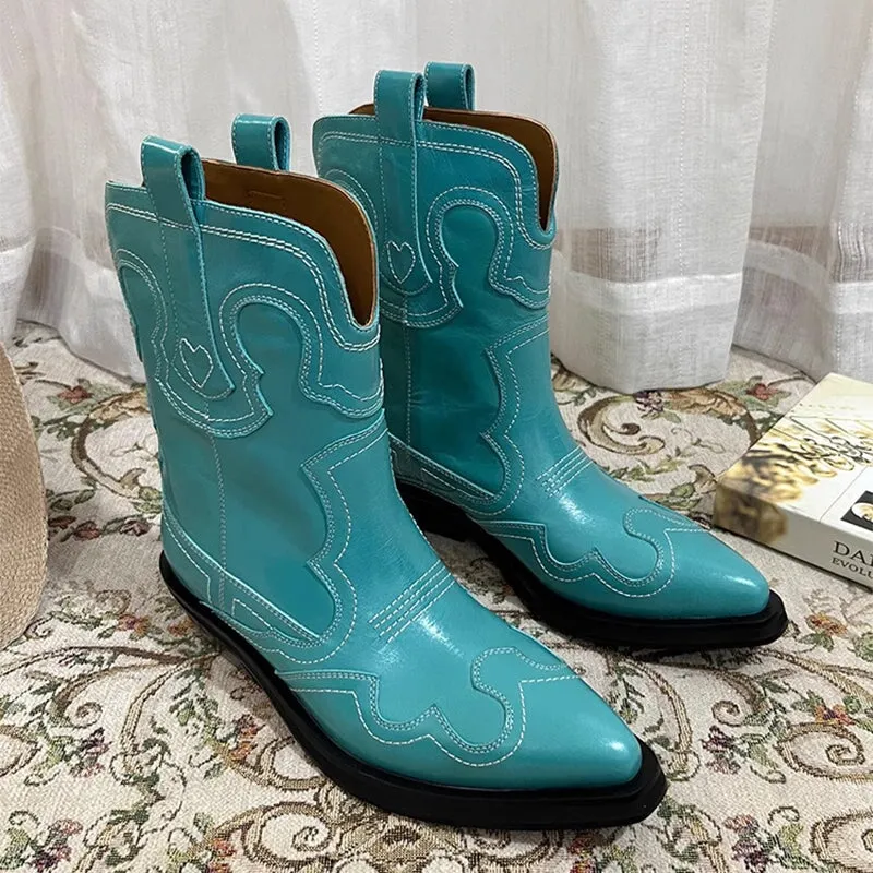 Womens Contrasting Embroidery Western Boots Leather Cowboy Boots Short Boots