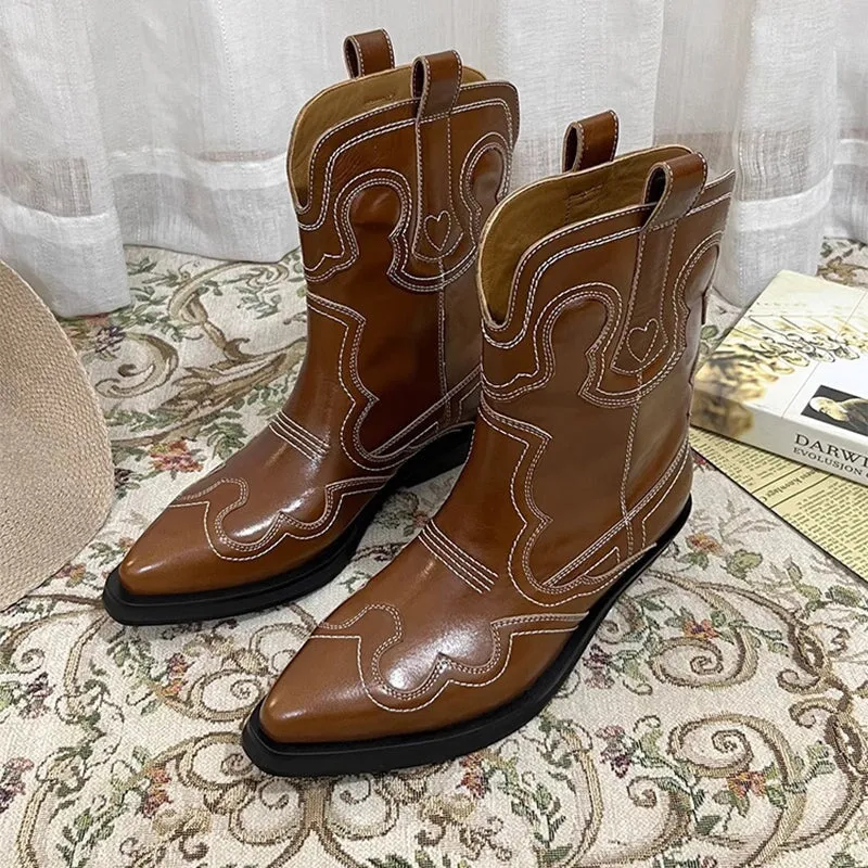 Womens Contrasting Embroidery Western Boots Leather Cowboy Boots Short Boots