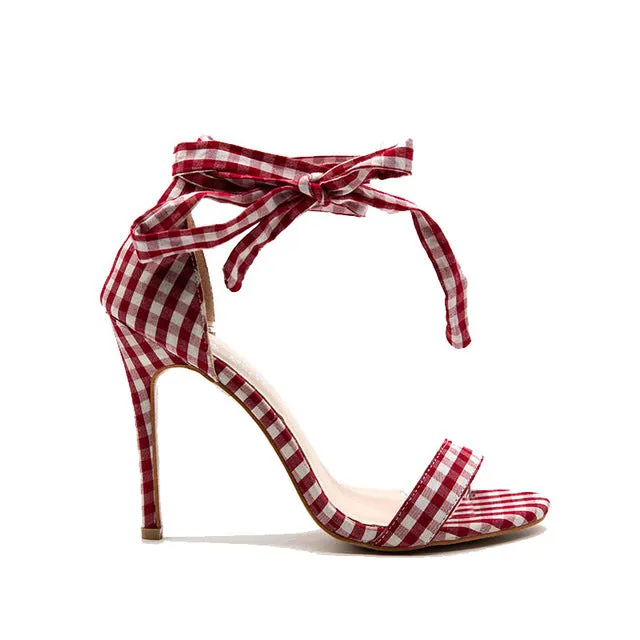 Women's Cross-Tied Plaid High Sandal Heels - Black, Blue, Red