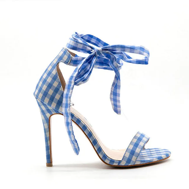 Women's Cross-Tied Plaid High Sandal Heels - Black, Blue, Red