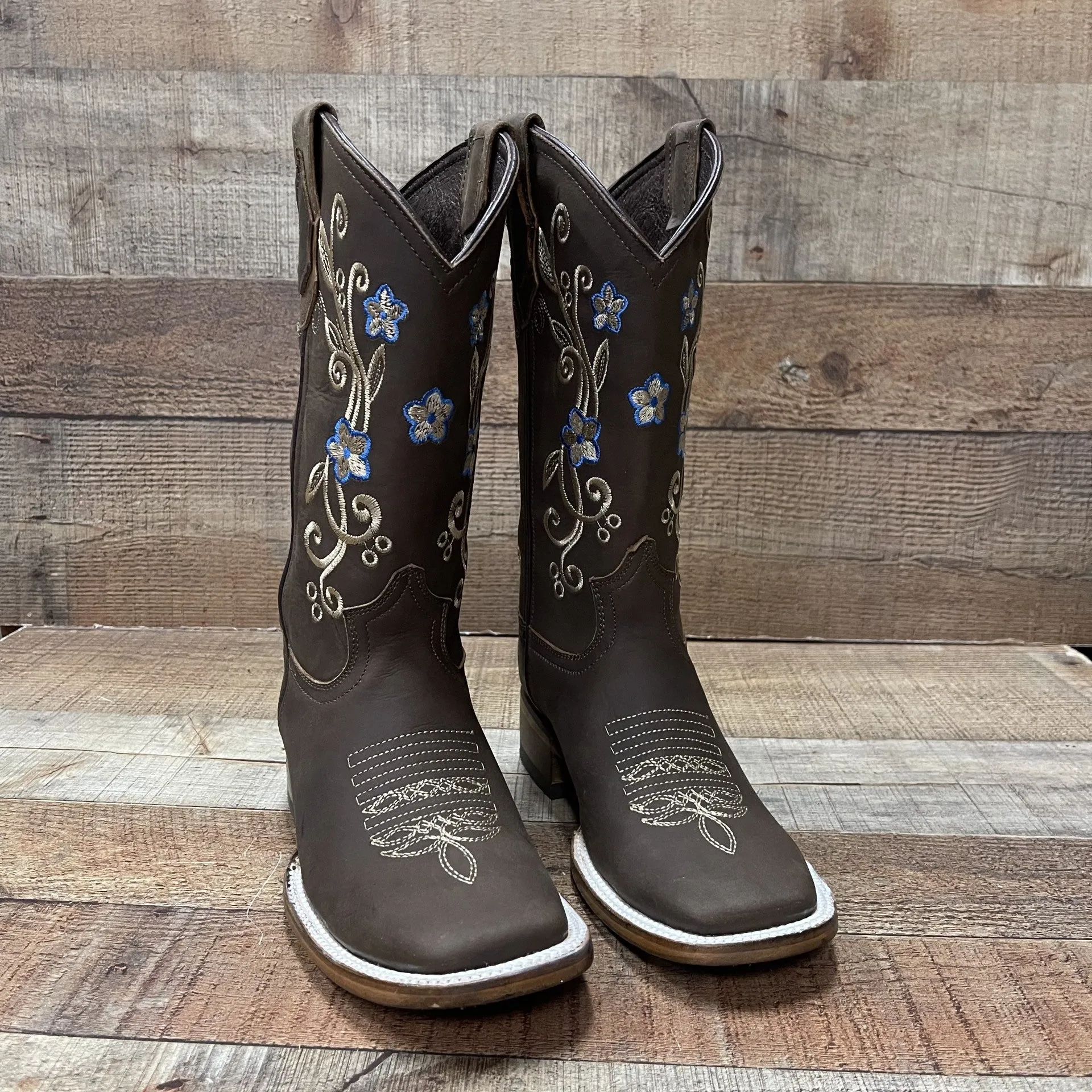 Women's Genuine Leather Cowgirl Boots Blue Flowers Est.115 Krazy Arena
