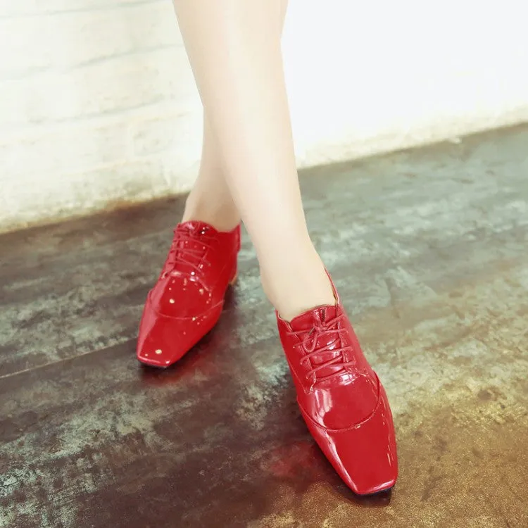 Women's Patent Leather Lace Up Chunky High Heels