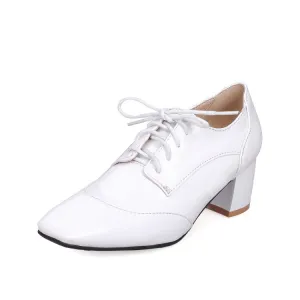 Women's Patent Leather Lace Up Chunky High Heels