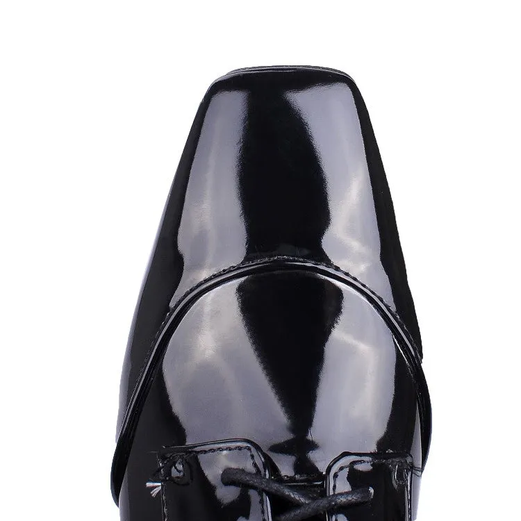 Women's Patent Leather Lace Up Chunky High Heels