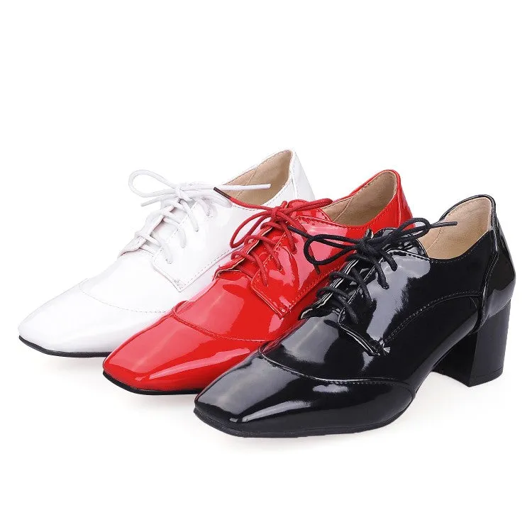 Women's Patent Leather Lace Up Chunky High Heels