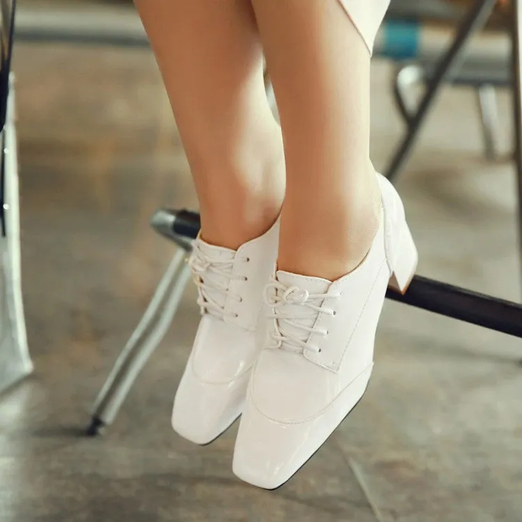 Women's Patent Leather Lace Up Chunky High Heels