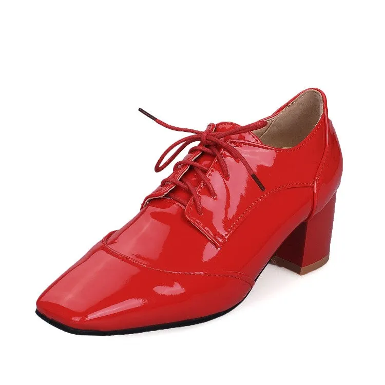 Women's Patent Leather Lace Up Chunky High Heels