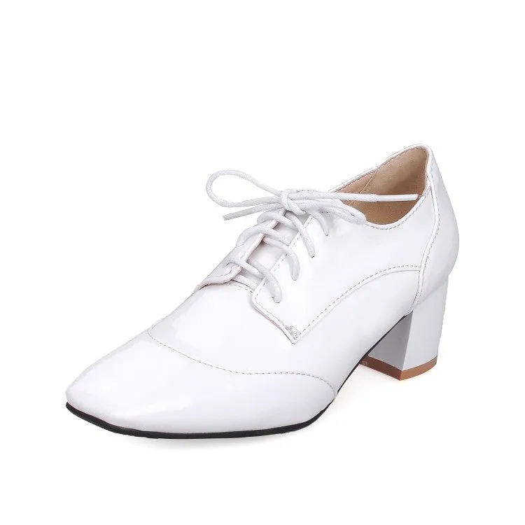 Women's Patent Leather Lace Up Chunky High Heels