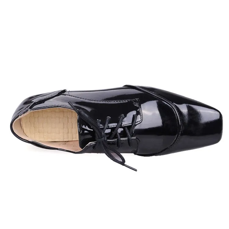 Women's Patent Leather Lace Up Chunky High Heels