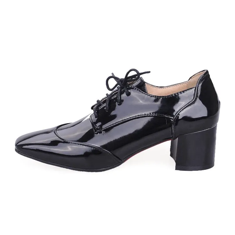 Women's Patent Leather Lace Up Chunky High Heels