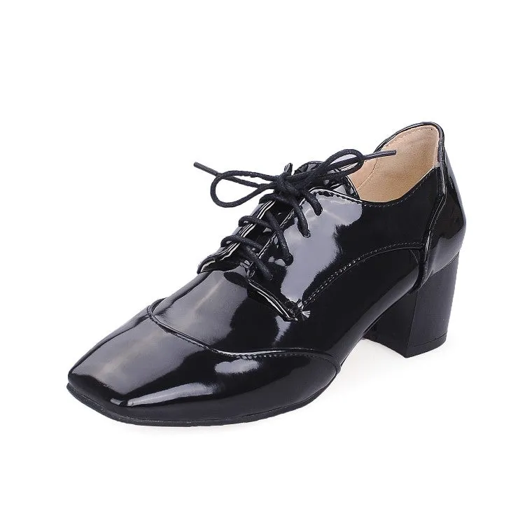 Women's Patent Leather Lace Up Chunky High Heels
