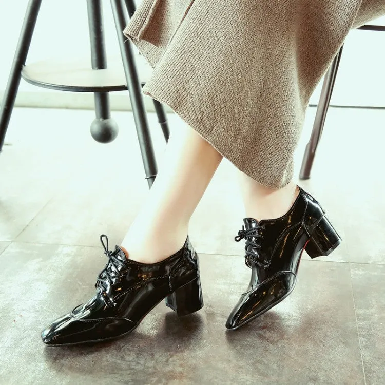 Women's Patent Leather Lace Up Chunky High Heels