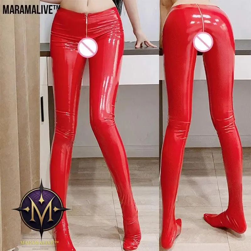 Women's Patent Leather PU Zipper Pants