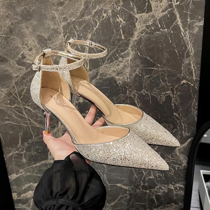 Women's Petite Size Glitter Ankle Strap Dress Heels MS231