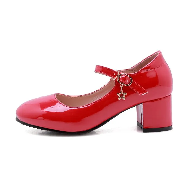 Women's Pumps Glossy Round Toe Mary Janes Block Chunky Heel