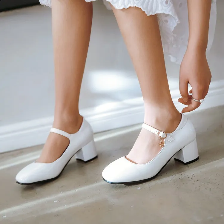 Women's Pumps Glossy Round Toe Mary Janes Block Chunky Heel