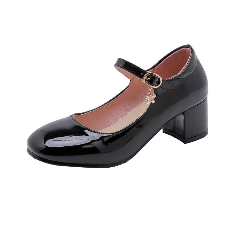 Women's Pumps Glossy Round Toe Mary Janes Block Chunky Heel