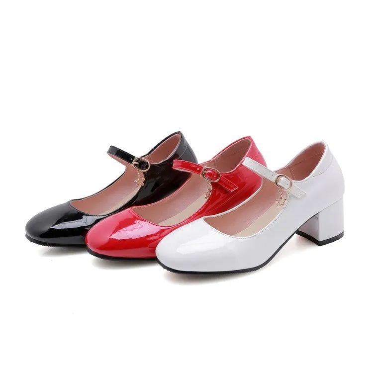 Women's Pumps Glossy Round Toe Mary Janes Block Chunky Heel