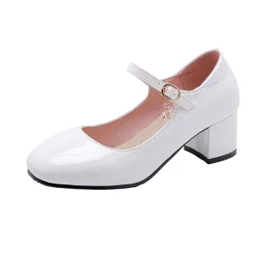Women's Pumps Glossy Round Toe Mary Janes Block Chunky Heel