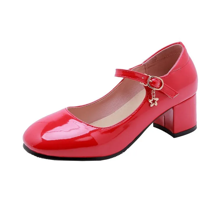 Women's Pumps Glossy Round Toe Mary Janes Block Chunky Heel