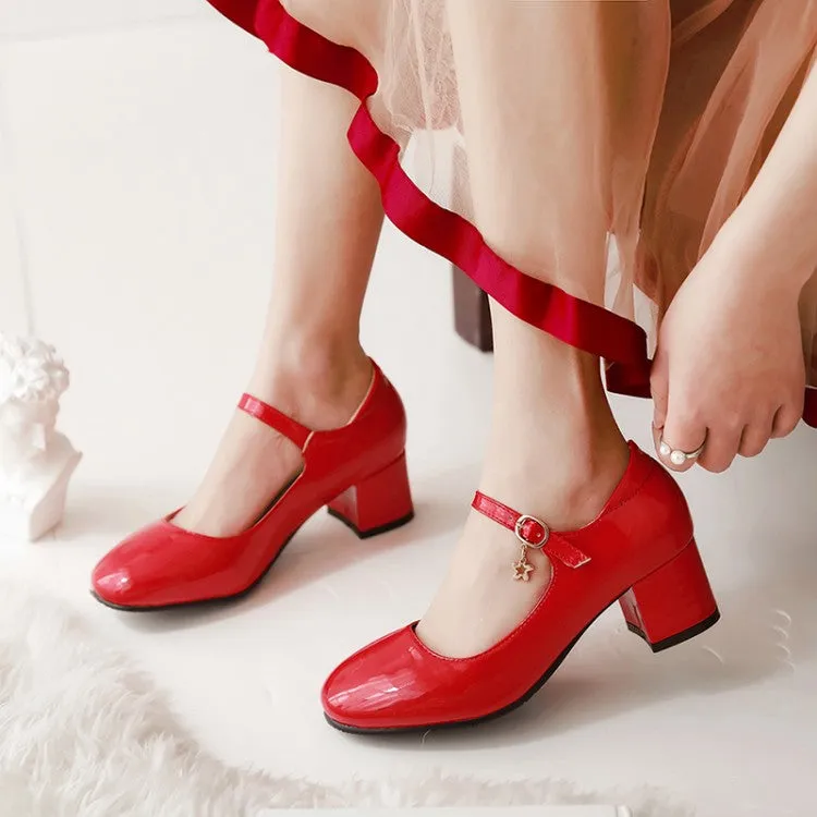 Women's Pumps Glossy Round Toe Mary Janes Block Chunky Heel
