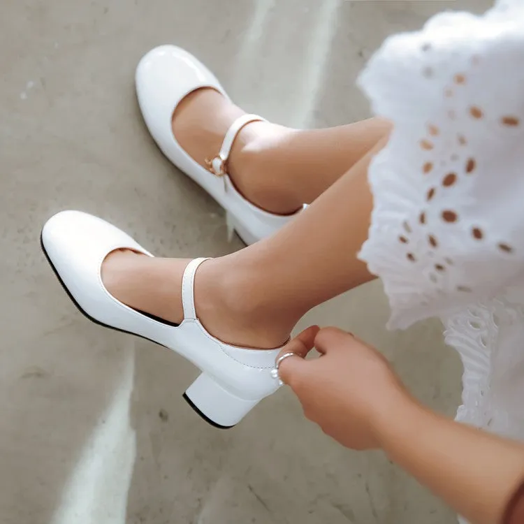 Women's Pumps Glossy Round Toe Mary Janes Block Chunky Heel