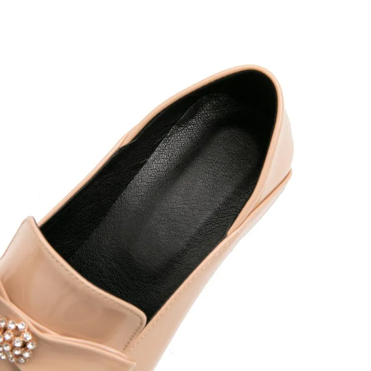 Women's Pumps Glossy Square Toe Rhinestone Butterfly Knot Puppy Heel Shoes
