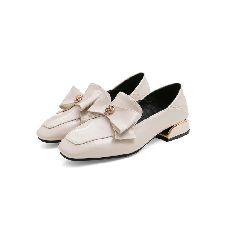 Women's Pumps Glossy Square Toe Rhinestone Butterfly Knot Puppy Heel Shoes