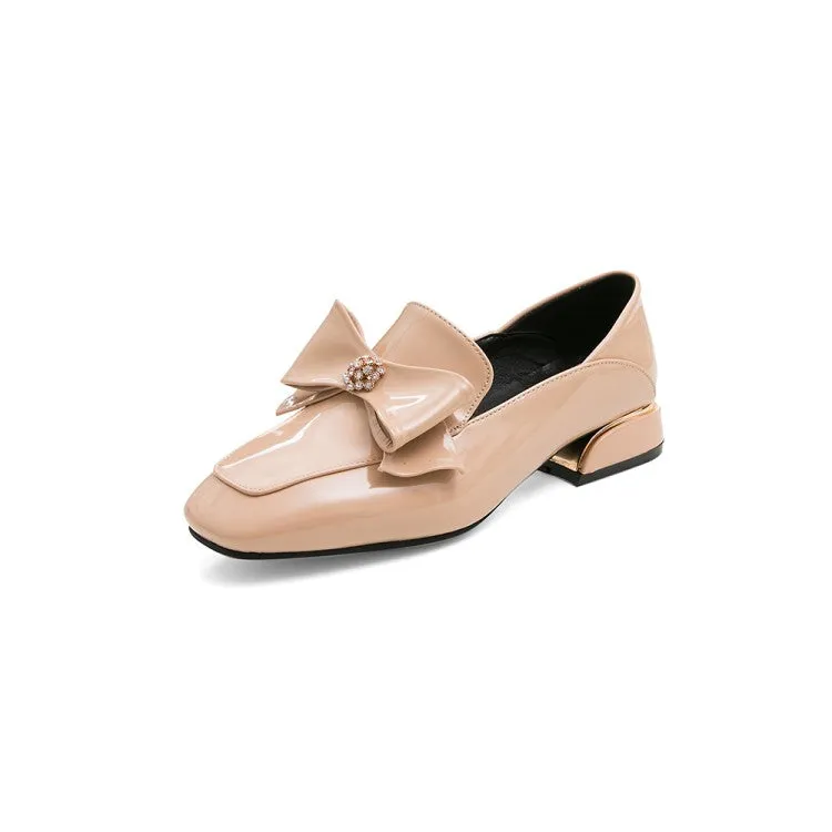 Women's Pumps Glossy Square Toe Rhinestone Butterfly Knot Puppy Heel Shoes