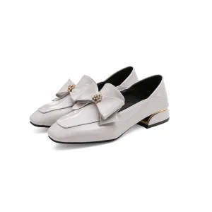 Women's Pumps Glossy Square Toe Rhinestone Butterfly Knot Puppy Heel Shoes