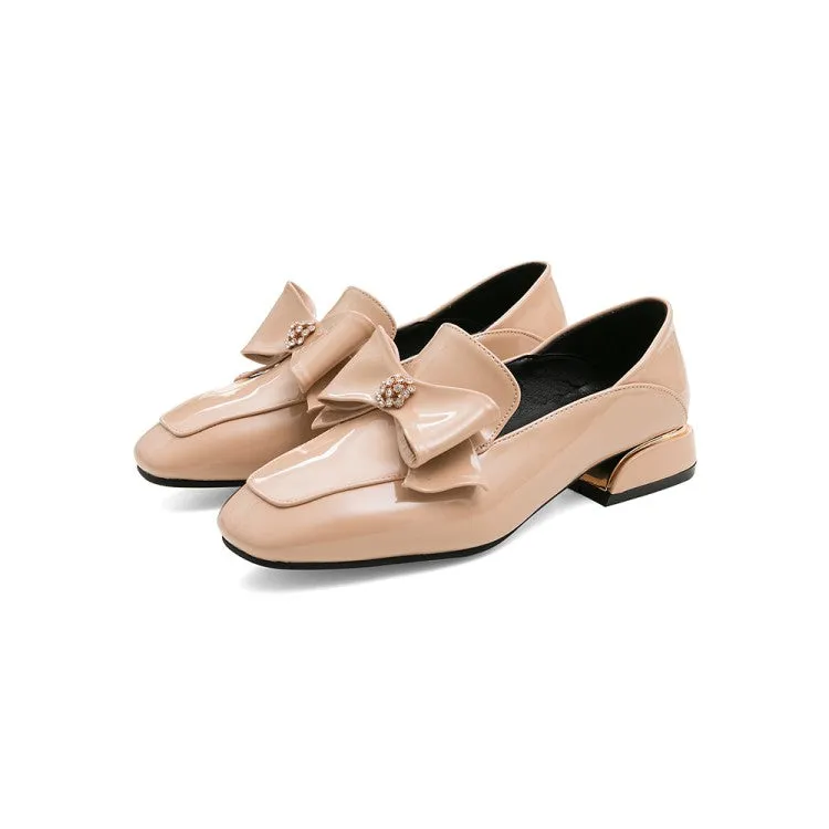 Women's Pumps Glossy Square Toe Rhinestone Butterfly Knot Puppy Heel Shoes