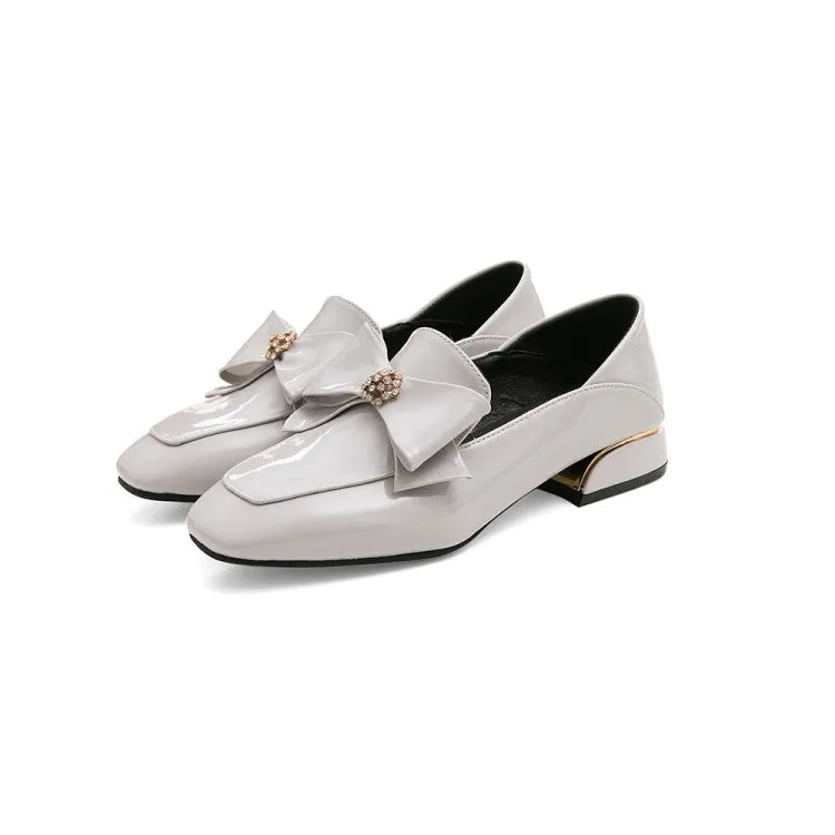 Women's Pumps Glossy Square Toe Rhinestone Butterfly Knot Puppy Heel Shoes