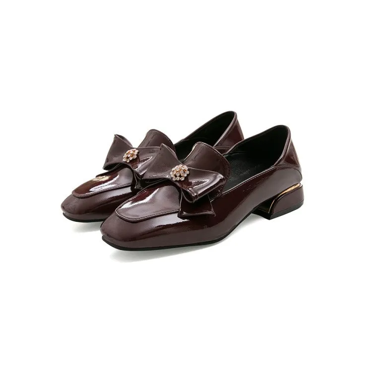 Women's Pumps Glossy Square Toe Rhinestone Butterfly Knot Puppy Heel Shoes