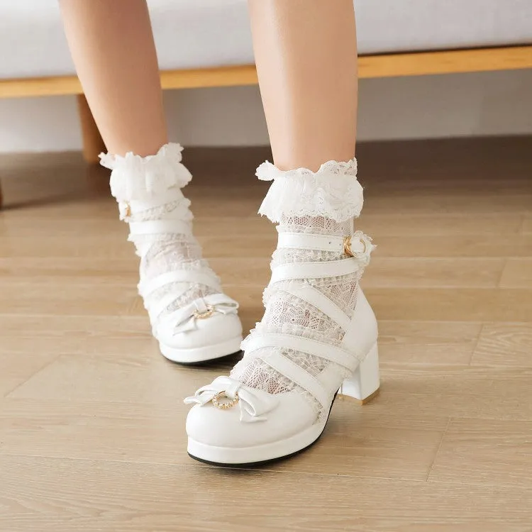 Women's Pumps Lolita Solid Color Butterfly Knot Rhinestone Lace Platform Block Heel Shoes