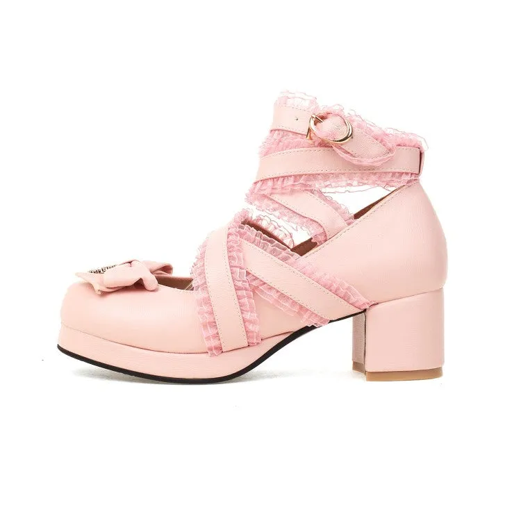 Women's Pumps Lolita Solid Color Butterfly Knot Rhinestone Lace Platform Block Heel Shoes