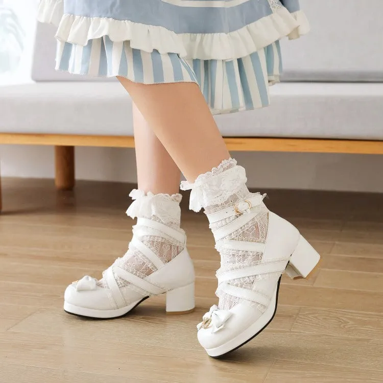 Women's Pumps Lolita Solid Color Butterfly Knot Rhinestone Lace Platform Block Heel Shoes