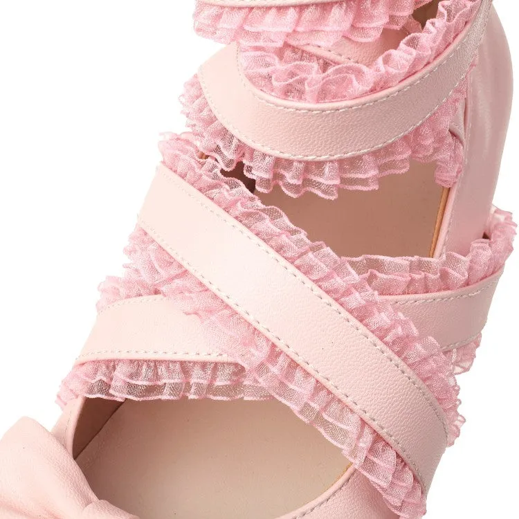 Women's Pumps Lolita Solid Color Butterfly Knot Rhinestone Lace Platform Block Heel Shoes