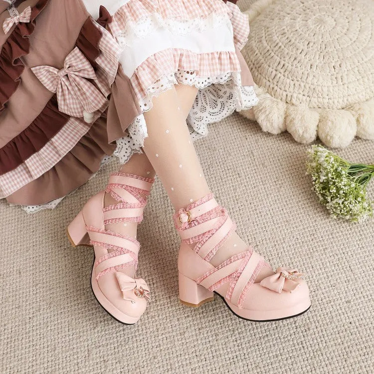 Women's Pumps Lolita Solid Color Butterfly Knot Rhinestone Lace Platform Block Heel Shoes