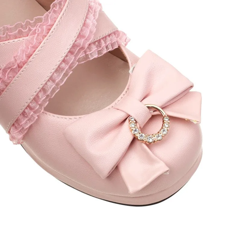 Women's Pumps Lolita Solid Color Butterfly Knot Rhinestone Lace Platform Block Heel Shoes