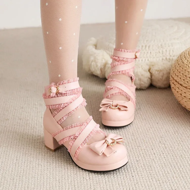 Women's Pumps Lolita Solid Color Butterfly Knot Rhinestone Lace Platform Block Heel Shoes