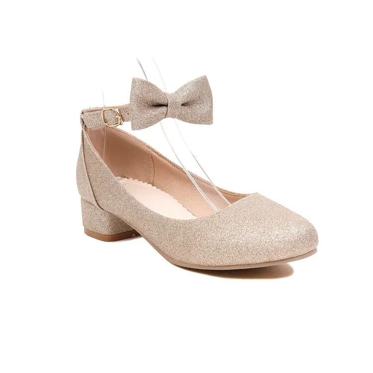 Women's Pumps Solid Color Bling Bling Butterfly Knot Ankle Strap Block Heel Shoes