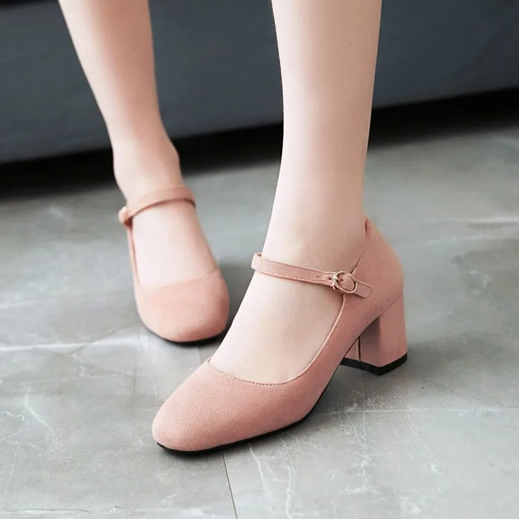 Women's Pumps Suede Round Toe Ankle Strap Block Heel Shoes