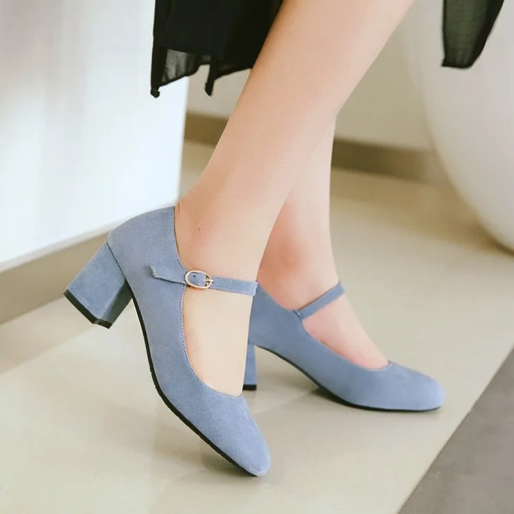 Women's Pumps Suede Round Toe Ankle Strap Block Heel Shoes