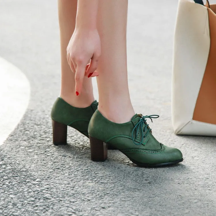 Women's Retro Tied Carved Medium Heel Oxford Shoes