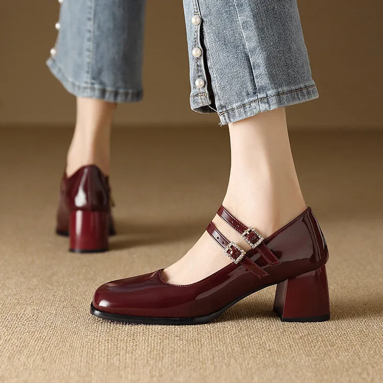 Women's Rhinestone Buckle Straps Mary Janes Block Heel Pumps