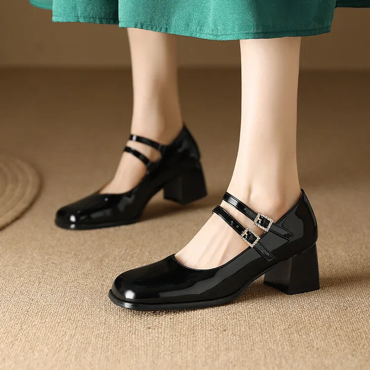 Women's Rhinestone Buckle Straps Mary Janes Block Heel Pumps