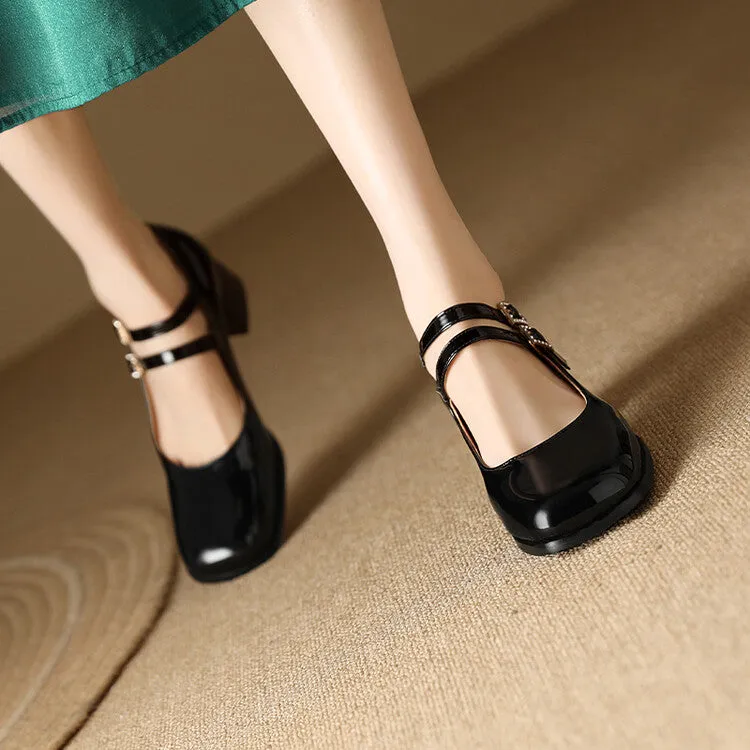 Women's Rhinestone Buckle Straps Mary Janes Block Heel Pumps
