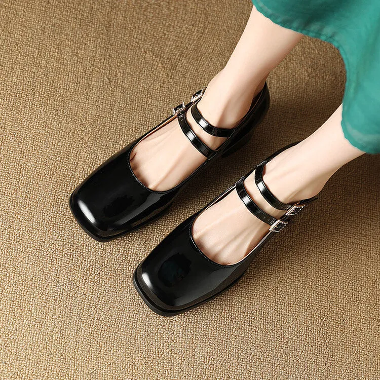 Women's Rhinestone Buckle Straps Mary Janes Block Heel Pumps