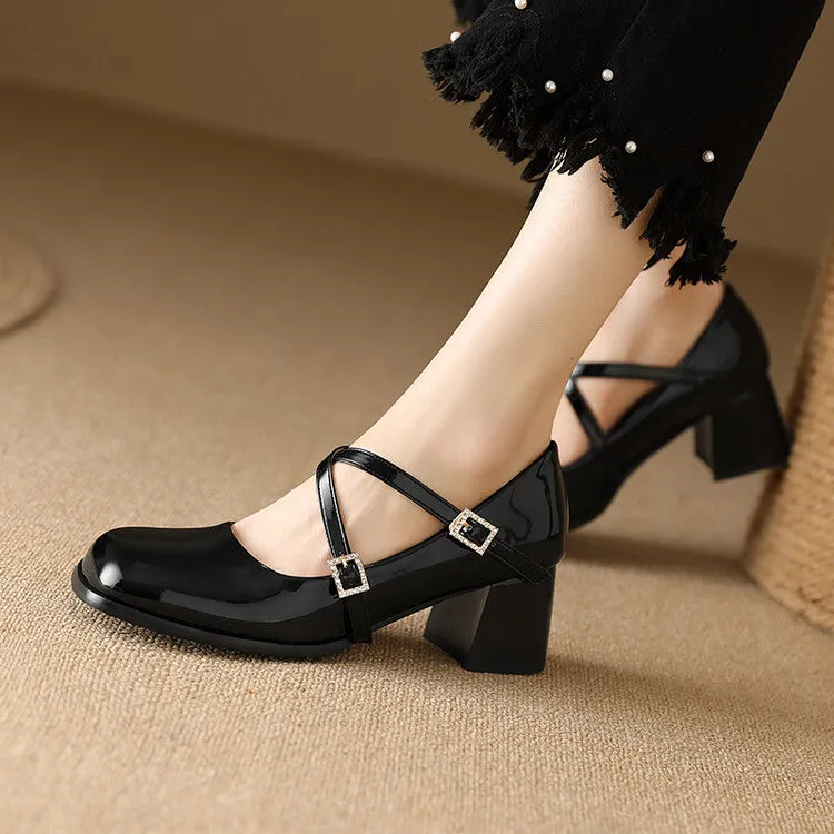 Women's Rhinestone Buckle Straps Mary Janes Block Heel Pumps